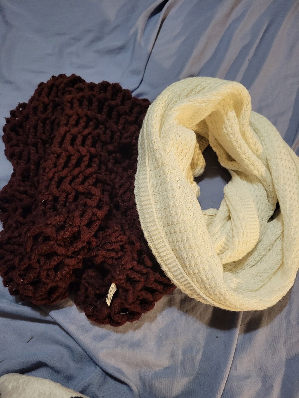 Chunky Knit Infinity Scarves in Cream and Dark Purple